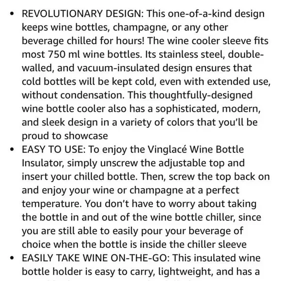 Vinglace Wine Bottle Insulated Chiller Portable White NWTs - Picture 9 of 9